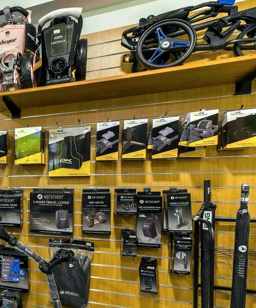 Electric golf trolleys and trolley accessories at the Pro Shop