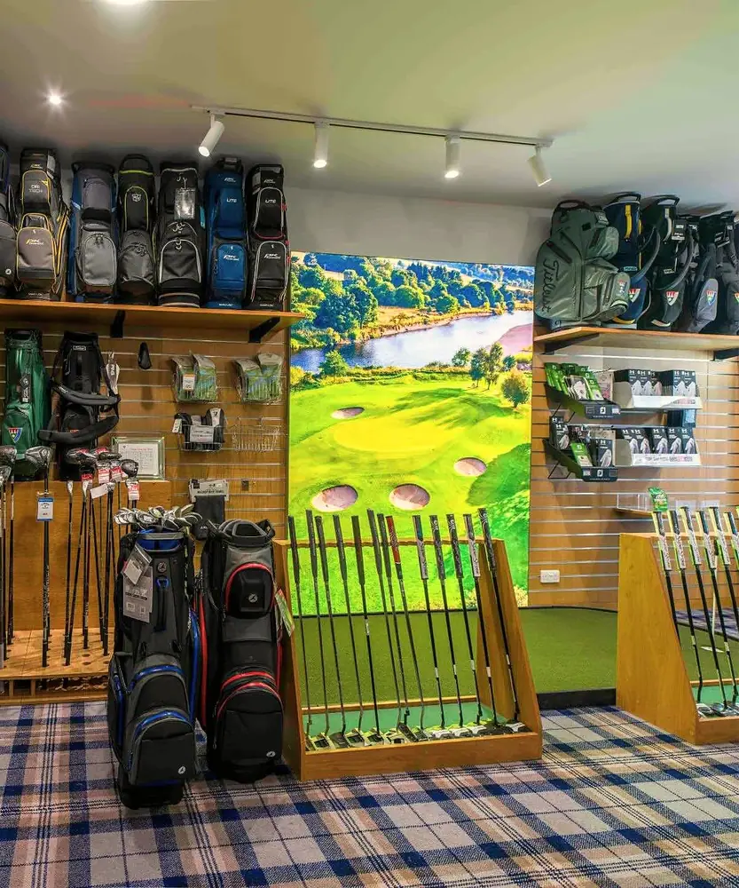 Golf bags, putters and gloves in the Pro Shop