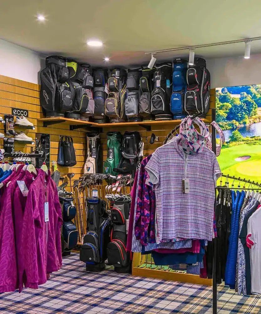 Golf clothing, golf bags and clubs available from the Pro Shop